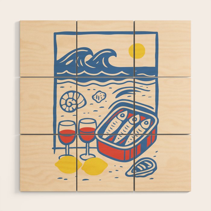 Sardines, Lemons and Wine at the Beach Wood Wall Art Gallery Image 1