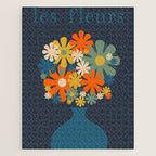 Les Fleurs Cheerful Retro Flowers in Vase Blue Jigsaw Puzzle Gallery Image 1