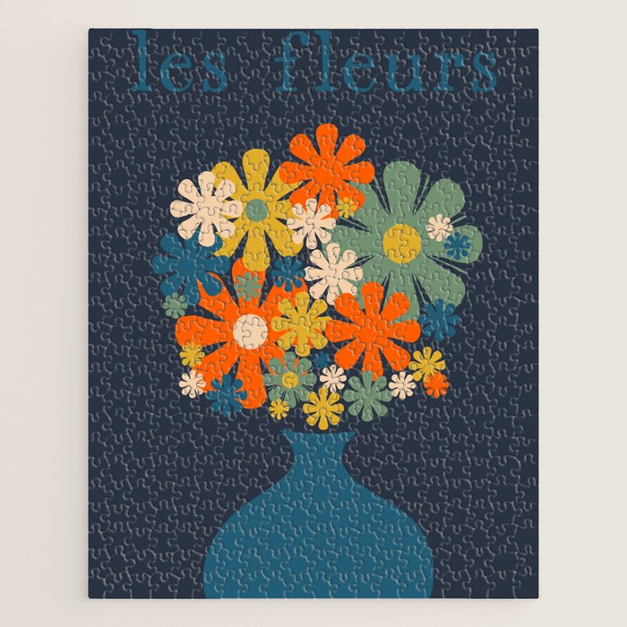 Les Fleurs Cheerful Retro Flowers in Vase Blue Jigsaw Puzzle Gallery Image 1