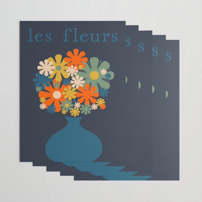 Les Fleurs Cheerful Retro Flowers in Vase Blue Wrapping Paper Gallery Image 3