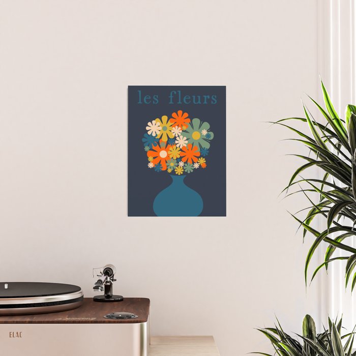 Les Fleurs Cheerful Retro Flowers in Vase Blue Poster Gallery Image 2