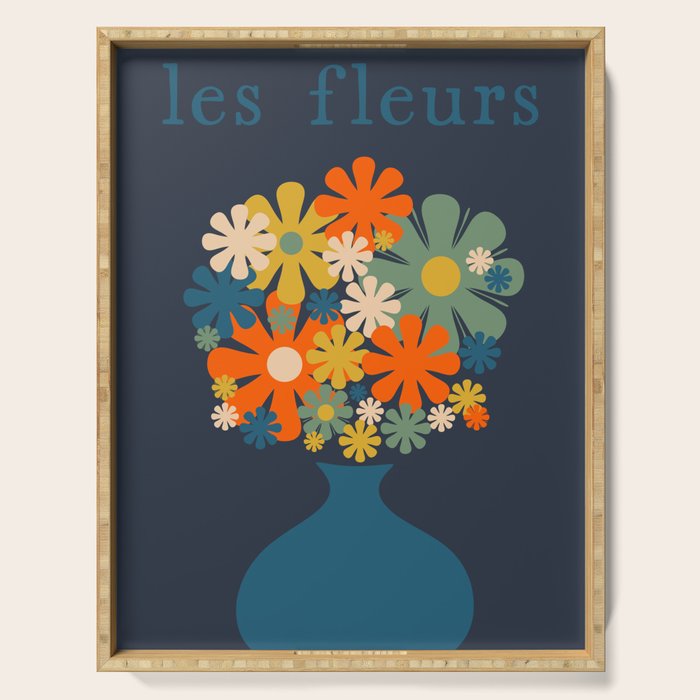 Les Fleurs Cheerful Retro Flowers in Vase Blue Serving Tray Gallery Image 1