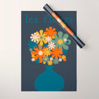Les Fleurs Cheerful Retro Flowers in Vase Blue Wrapping Paper Gallery Image 1