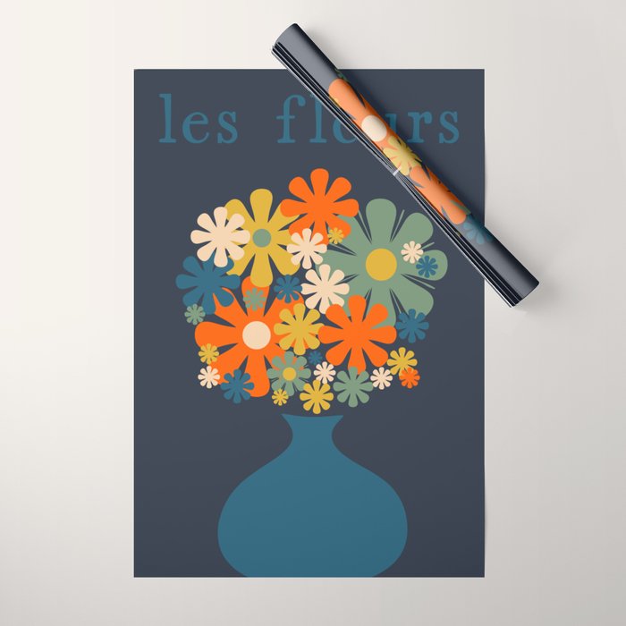 Les Fleurs Cheerful Retro Flowers in Vase Blue Wrapping Paper Gallery Image 1