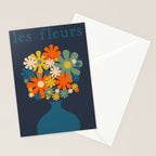 Les Fleurs Cheerful Retro Flowers in Vase Blue Stationery Card Gallery Image 2