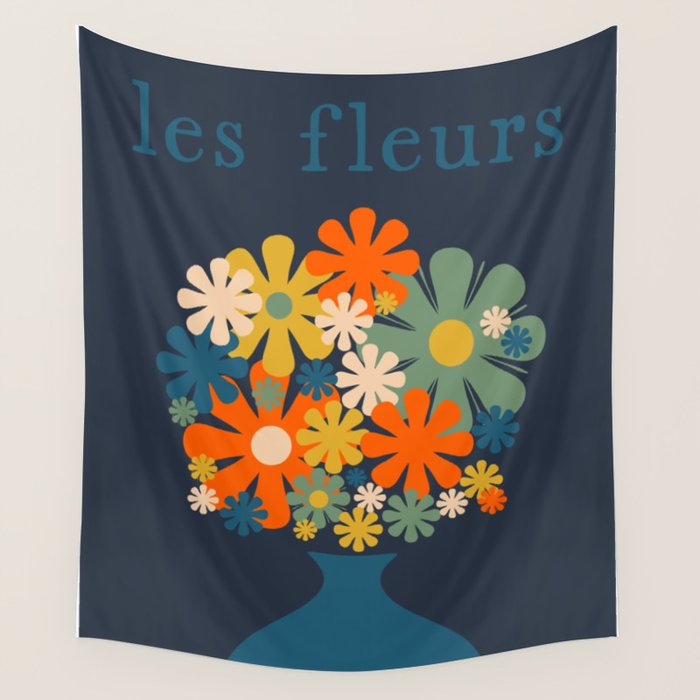 Les Fleurs Cheerful Retro Flowers in Vase Blue Wall Tapestry Gallery Image 1