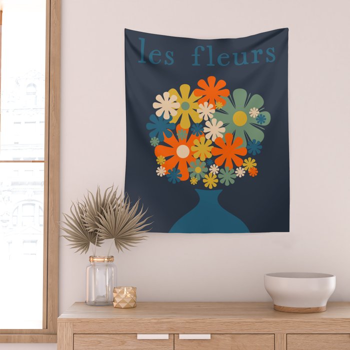Les Fleurs Cheerful Retro Flowers in Vase Blue Wall Tapestry Gallery Image 2