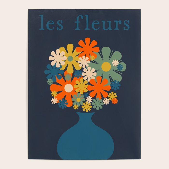 Les Fleurs Cheerful Retro Flowers in Vase Blue Poster Gallery Image 4
