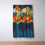 Les Fleurs Cheerful Retro Flowers in Vase Blue Window Curtain Gallery Image 3