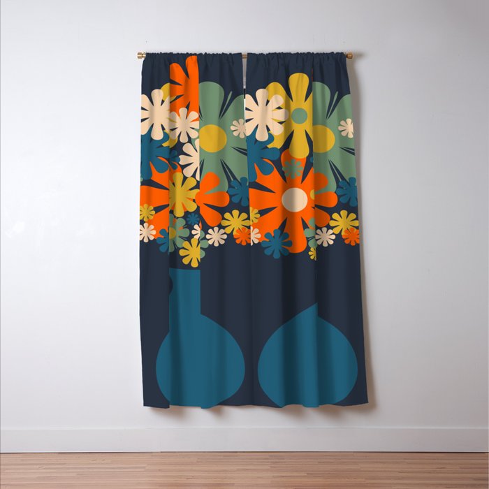 Les Fleurs Cheerful Retro Flowers in Vase Blue Window Curtain Gallery Image 3