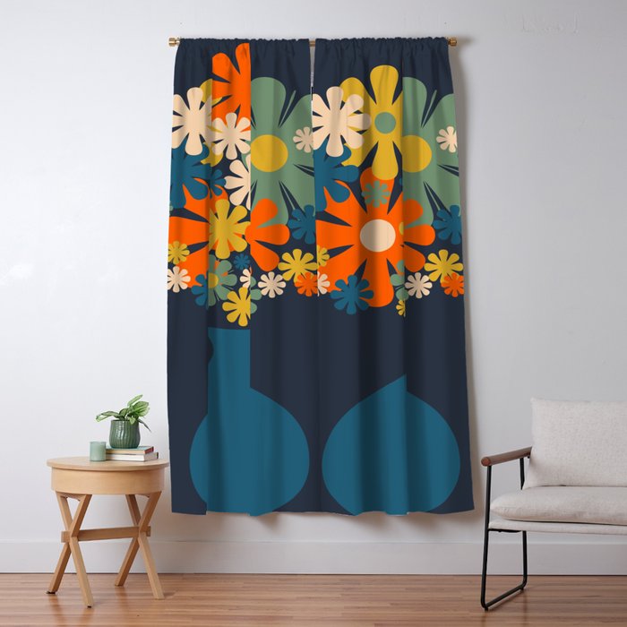 Les Fleurs Cheerful Retro Flowers in Vase Blue Window Curtain Gallery Image 5