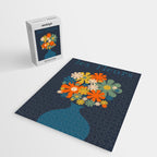 Les Fleurs Cheerful Retro Flowers in Vase Blue Jigsaw Puzzle Gallery Image 2