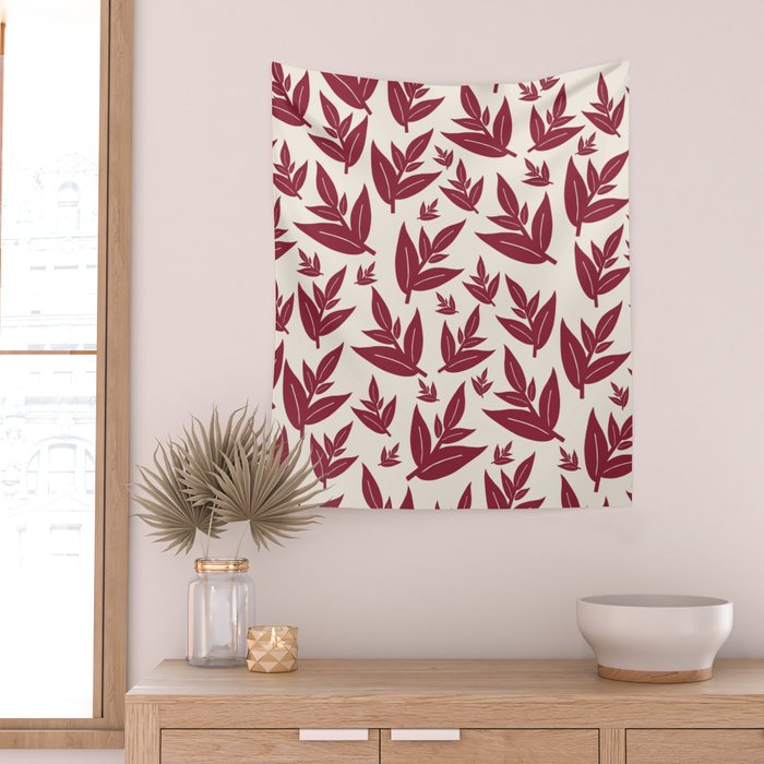 Red On Cream Leaves Wall Tapestry Gallery Image 2