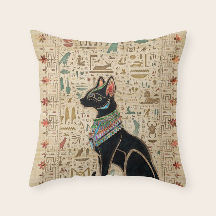 Egyptian Cat - Bastet on papyrus Throw Pillow Gallery Image 1