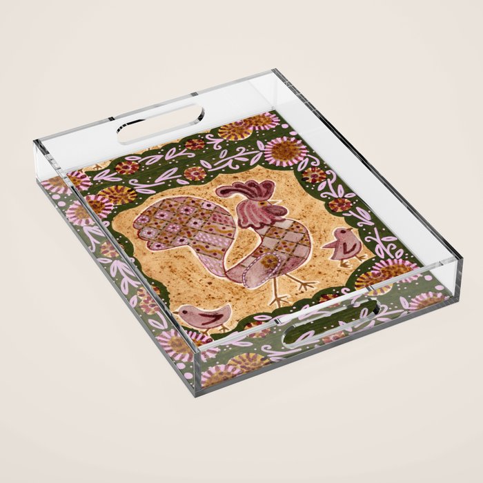 Rooster Painting in Forest Green - Folk Art Style Acrylic Tray Gallery Image 1