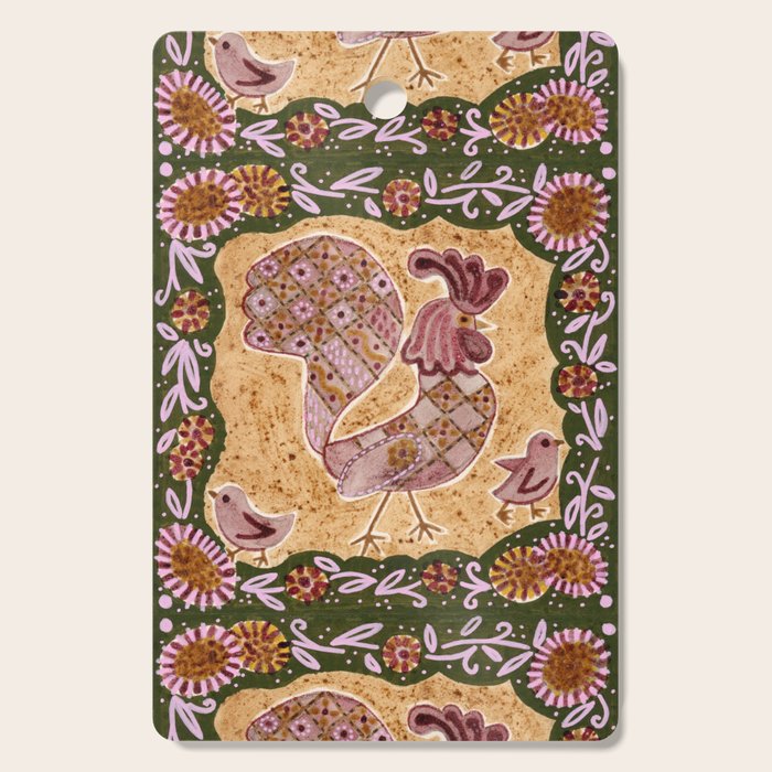 Rooster Painting in Forest Green - Folk Art Style Cutting Board Gallery Image 1