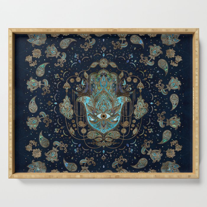 Hamsa Hand -Hand of Fatima Blue Gemstones Serving Tray Gallery Image 1