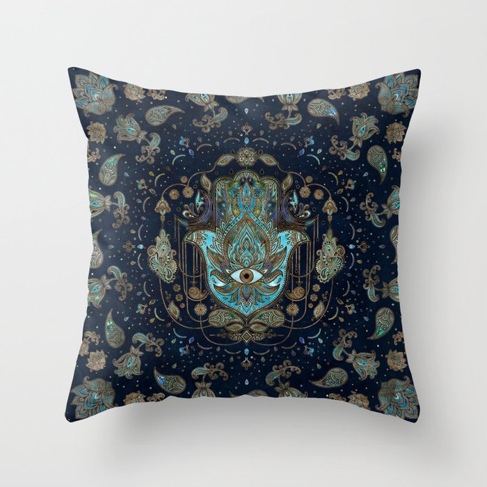 Hamsa Hand -Hand of Fatima Blue Gemstones Throw Pillow Gallery Image 6