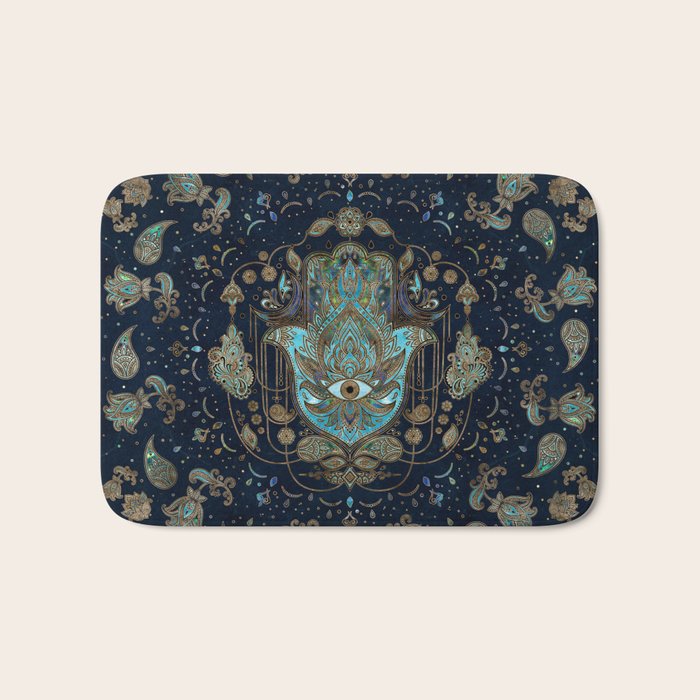Hamsa Hand -Hand of Fatima Blue Gemstones Bath Mat Gallery Image 1