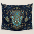 Hamsa Hand -Hand of Fatima Blue Gemstones Wall Tapestry Gallery Image 4