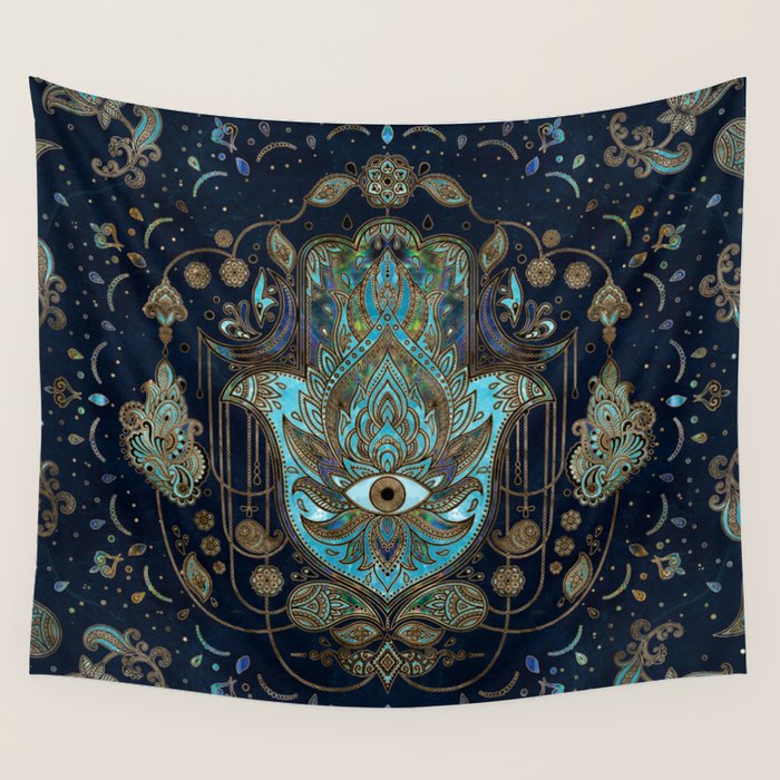 Hamsa Hand -Hand of Fatima Blue Gemstones Wall Tapestry Gallery Image 4