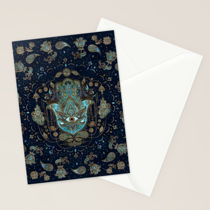 Hamsa Hand -Hand of Fatima Blue Gemstones Stationery Card Gallery Image 2