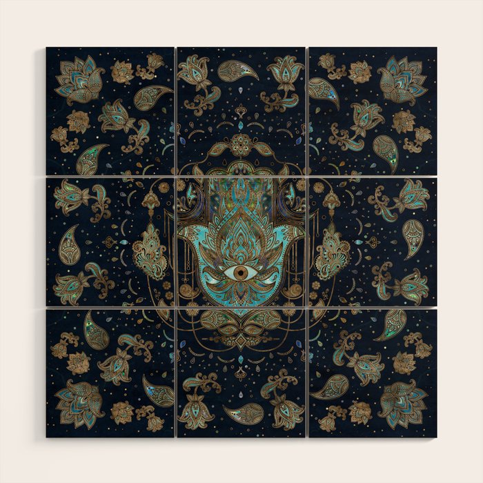 Hamsa Hand -Hand of Fatima Blue Gemstones Wood Wall Art Gallery Image 1