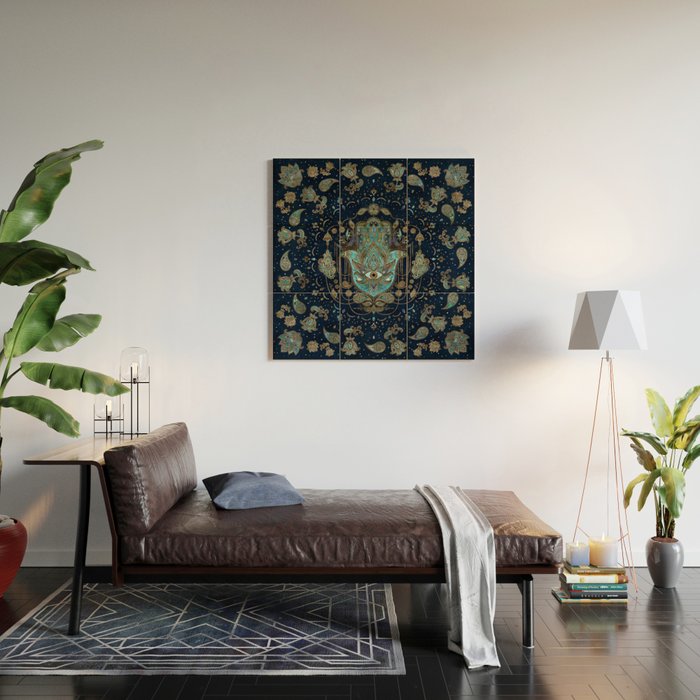 Hamsa Hand -Hand of Fatima Blue Gemstones Wood Wall Art Gallery Image 2