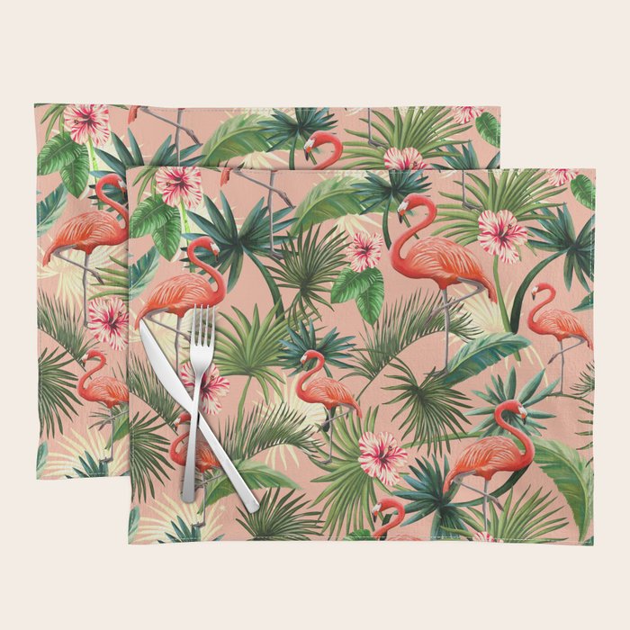 Pink flamingoes, tropical palm leaves, retro, Hollywood style,  Placemat Gallery Image 1