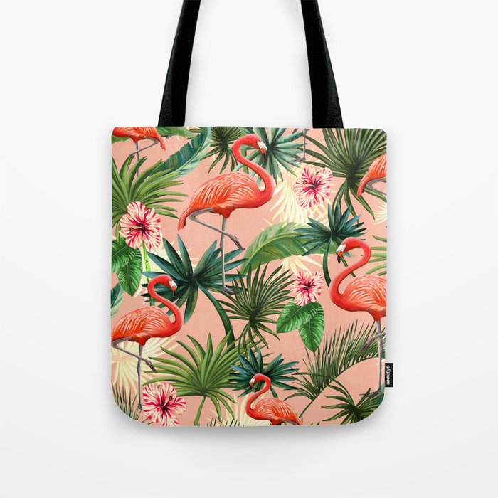 Pink flamingoes, tropical palm leaves, retro, Hollywood style,  Tote Bag Gallery Image 1