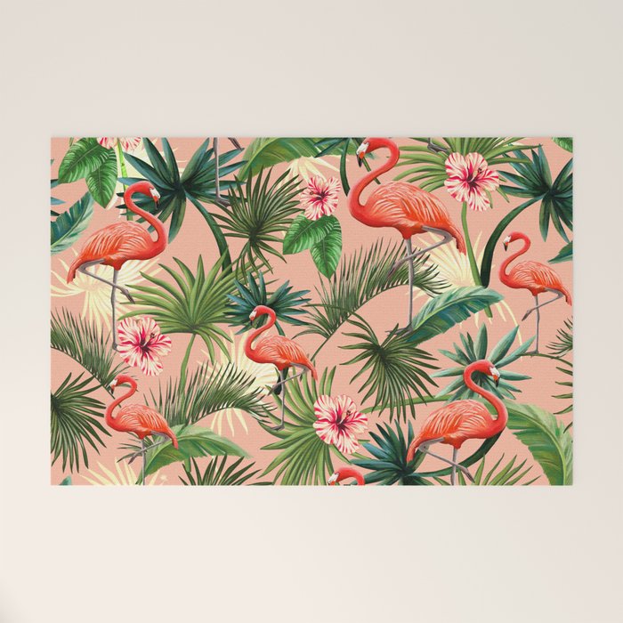 Pink flamingoes, tropical palm leaves, retro, Hollywood style,  Welcome Mat Gallery Image 1
