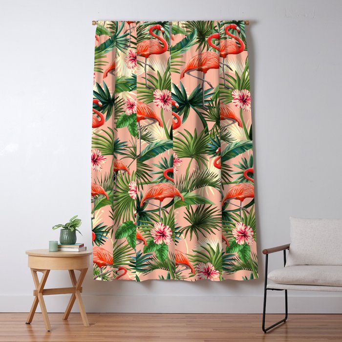 Pink flamingoes, tropical palm leaves, retro, Hollywood style,  Window Curtain Gallery Image 1