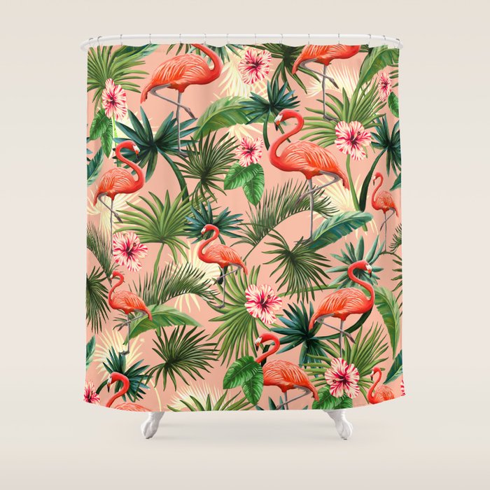 Pink flamingoes, tropical palm leaves, retro, Hollywood style,  Shower Curtain Gallery Image 1