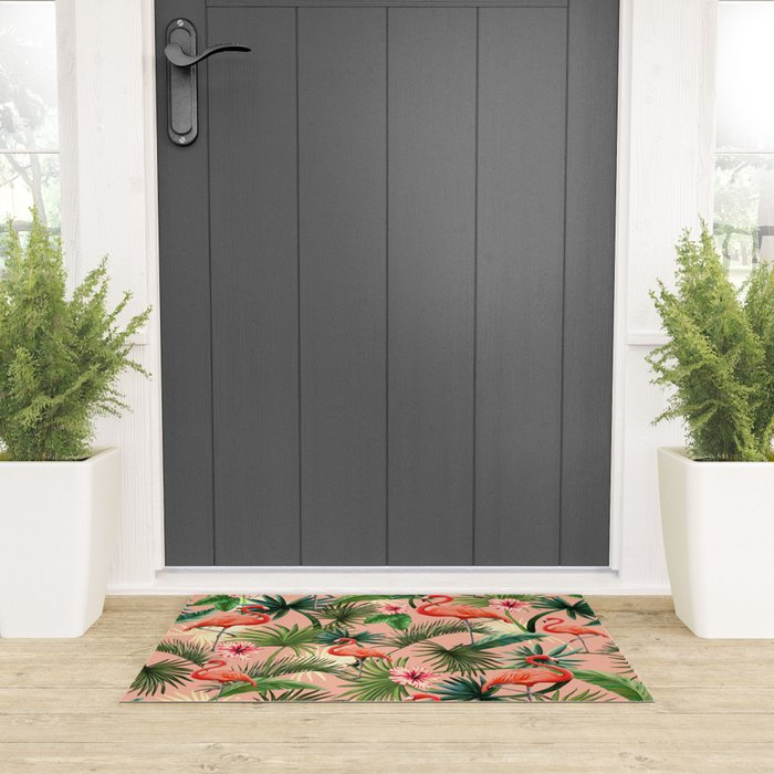 Pink flamingoes, tropical palm leaves, retro, Hollywood style,  Welcome Mat Gallery Image 3