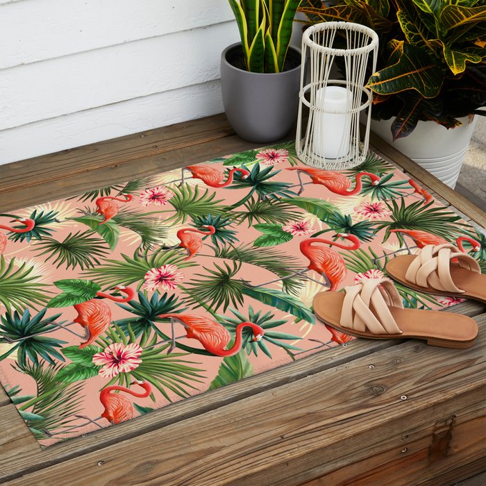 Pink flamingoes, tropical palm leaves, retro, Hollywood style,  Outdoor Rug Gallery Image 2
