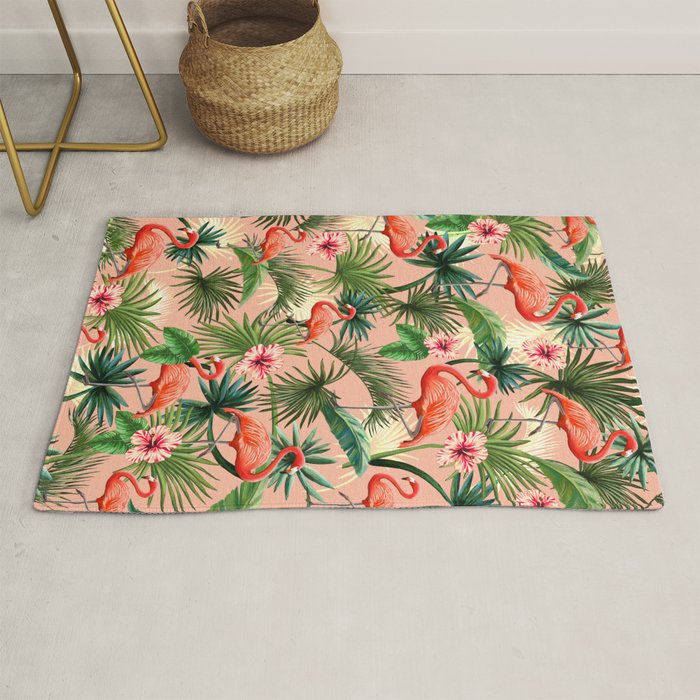 Pink flamingoes, tropical palm leaves, retro, Hollywood style,  Rug Gallery Image 1