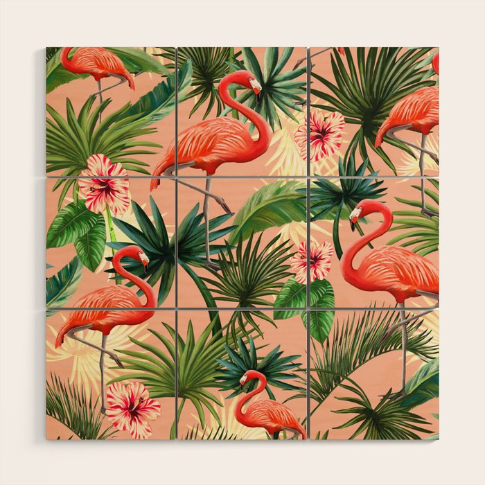 Pink flamingoes, tropical palm leaves, retro, Hollywood style,  Wood Wall Art Gallery Image 1