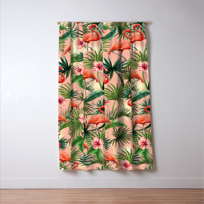 Pink flamingoes, tropical palm leaves, retro, Hollywood style,  Window Curtain Gallery Image 3