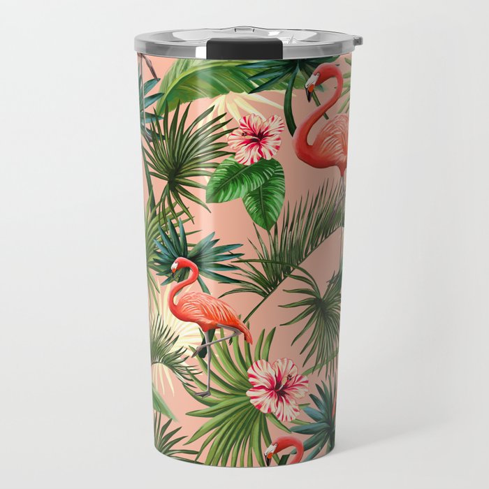 Pink flamingoes, tropical palm leaves, retro, Hollywood style,  Travel Mug Gallery Image 1