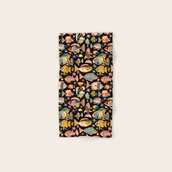 Whimsical Underwater World Multicolor Fish Pattern Black Bath Towel Gallery Image 1