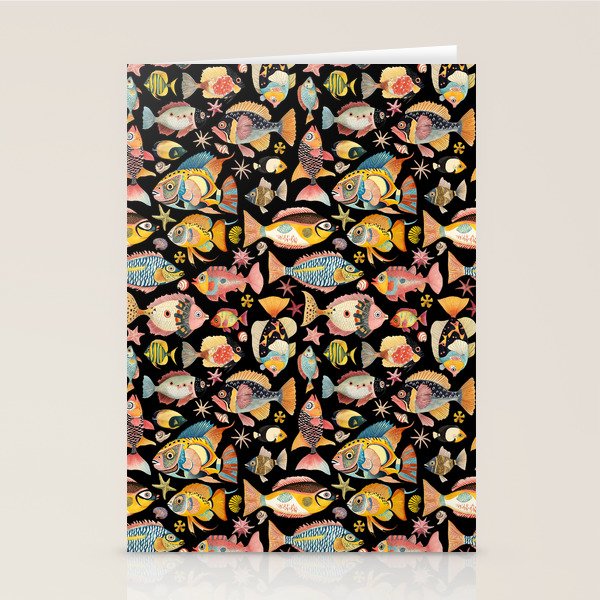 Whimsical Underwater World Multicolor Fish Pattern Black Stationery Card Gallery Image 1
