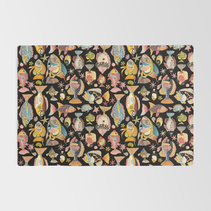 Whimsical Underwater World Multicolor Fish Pattern Black Rug Gallery Image 2