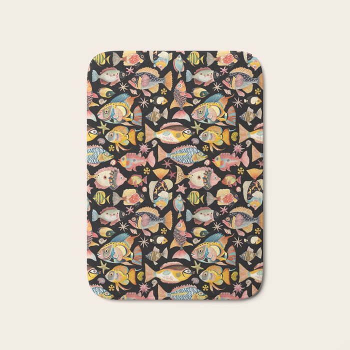 Whimsical Underwater World Multicolor Fish Pattern Black Bath Mat Gallery Image 1