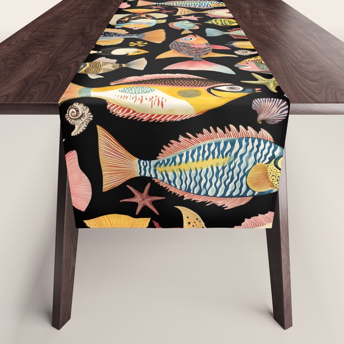 Whimsical Underwater World Multicolor Fish Pattern Black Table Runner Gallery Image 1