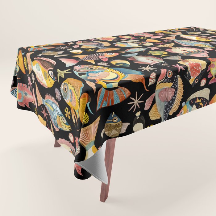 Whimsical Underwater World Multicolor Fish Pattern Black Tablecloth Gallery Image 1