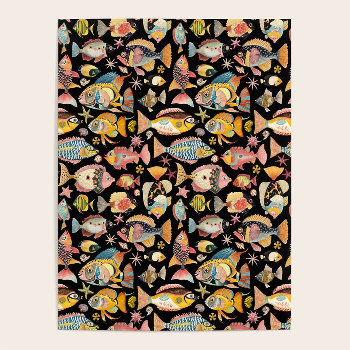 Whimsical Underwater World Multicolor Fish Pattern Black Poster Gallery Image 1