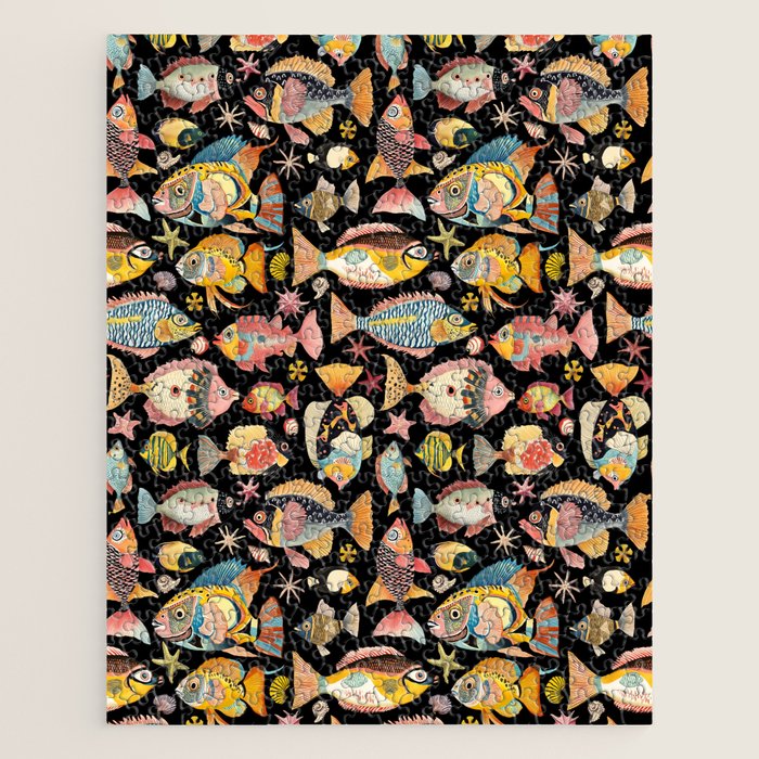 Whimsical Underwater World Multicolor Fish Pattern Black Jigsaw Puzzle Gallery Image 1