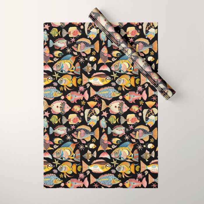 Whimsical Underwater World Multicolor Fish Pattern Black Wrapping Paper Gallery Image 1