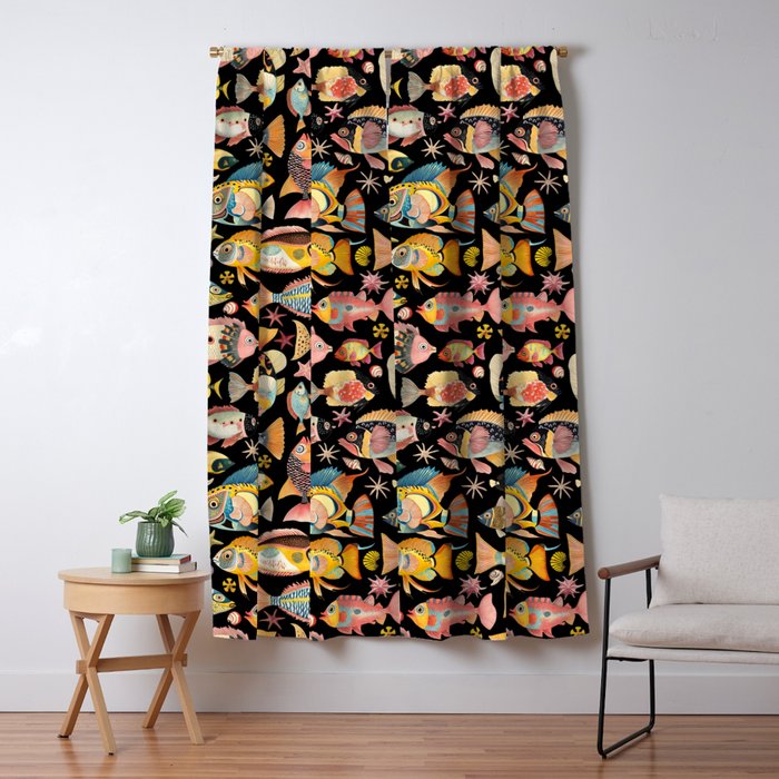 Whimsical Underwater World Multicolor Fish Pattern Black Window Curtain Gallery Image 5