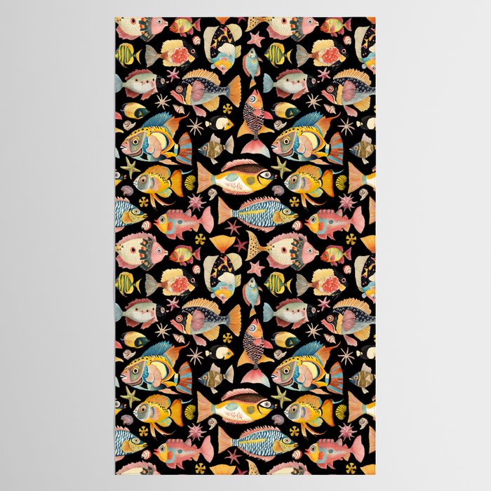 Whimsical Underwater World Multicolor Fish Pattern Black Tablecloth Gallery Image 2